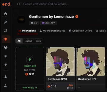 A screenshot of the Ordinals wallet showing a collection called 'Gentlemen by Lemonhaze' featuring pixel-art portraits, with one available for 'Instant Sell' top offer of 0.11.
