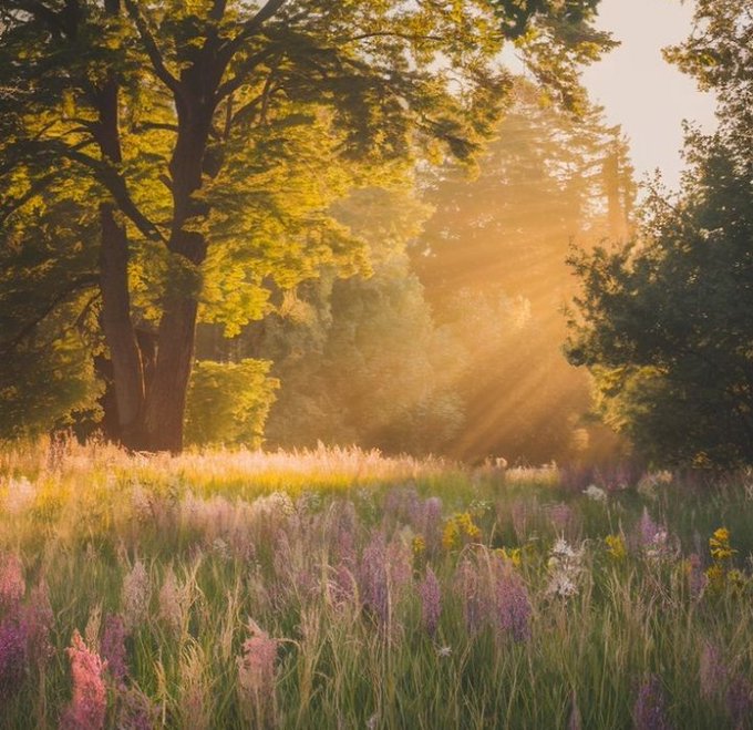 Sunlit field of wildflowers with trees in the background, golden rays of light streaming through the foliage.