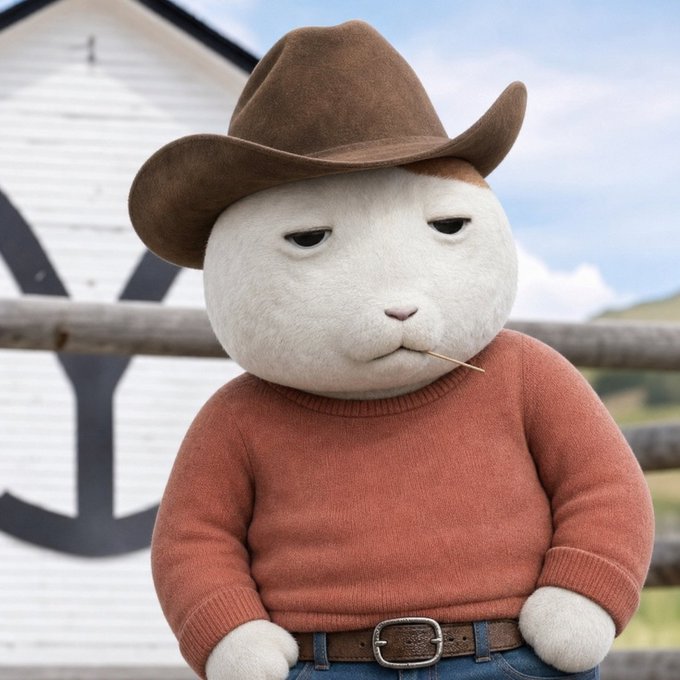 A stop-motion puppet of a white cat character wearing a brown cowboy hat, an orange/rust sweater, and jeans with a belt, standing in front of a wooden fence and white building.