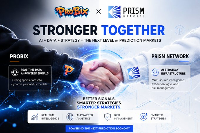 A promotional graphic for a partnership between 'ProBix' and 'PRISM Network' titled 'STRONGER TOGETHER', promoting AI-powered prediction market analytics.