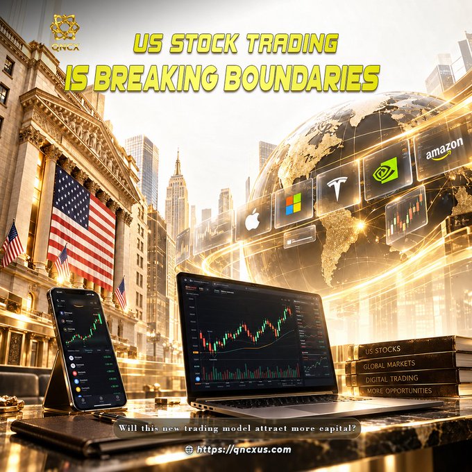 The promotional graphic titled "US STOCK TRADING IS BREAKING BOUNDARIES" features a split scene of the New York Stock Exchange draped in an American flag alongside a glowing digital globe displaying tech logos (Apple, Microsoft, NVIDIA, Tesla, Amazon), with a smartphone and laptop showing candlestick charts in the foreground and book spines labeled "US STOCKS, GLOBAL MARKETS, DIGITAL TRADING, MORE OPPORTUNITIES," tying visually to QNCX's post about Coinbase's perpetual contracts and the expansion of global capital markets.