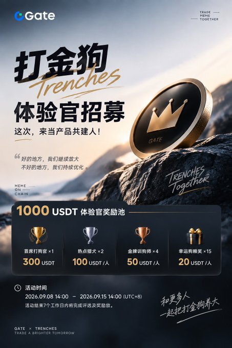 A Gate.io promotional poster in Chinese announces '打金狗 Trenches 体验官招募' (Gold-Hitting Dog Trenches Experience Officer Recruitment) offering 1000 USDT in rewards across different tiers.