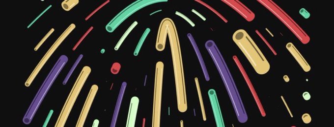A colorful abstract digital illustration featuring various elongated, rounded shapes in yellow, teal, purple, and red radiating outward against a black background.