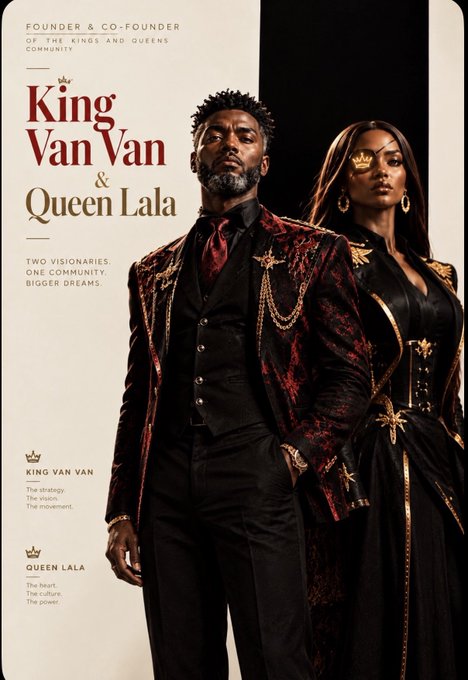 A promotional poster featuring "King Van Van" and "Queen Lala" as "Founder & Co-Founder of the Kings and Queens Community," with the tagline "Two Visionaries. One Community. Bigger Dreams." The regal imagery and royal branding reinforce the post's announcement about the upcoming launch of Pyreclipse, presenting the couple as visionary founders ready to invest in and build their own venture.