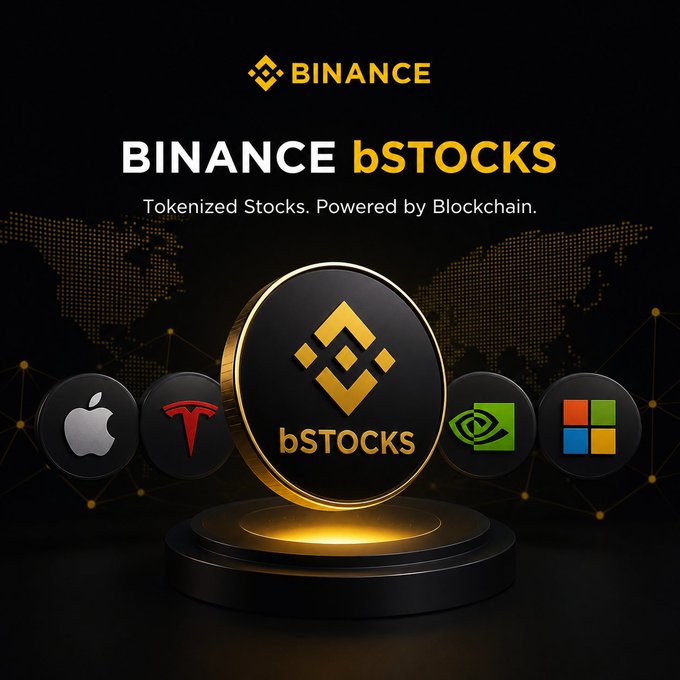 The image displays a promotional graphic for "BINANCE bSTOCKS" with the tagline "Tokenized Stocks. Powered by Blockchain," featuring the Binance logo on a central golden coin alongside icons representing Apple, Tesla, NVIDIA, and Microsoft stocks.

The graphic visually reinforces the post's message about tokenization as a transformative shift in finance, illustrating how major traditional stocks from companies once confined to separate investment ecosystems are now being bridged into blockchain through Binance's bSTOCKS platform.