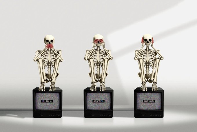 Three skeletons are sitting on old CRT televisions, depicting the proverbial 'see no evil' (covering eyes), 'hear no evil' (covering ears), and 'speak no evil' (covering mouth).