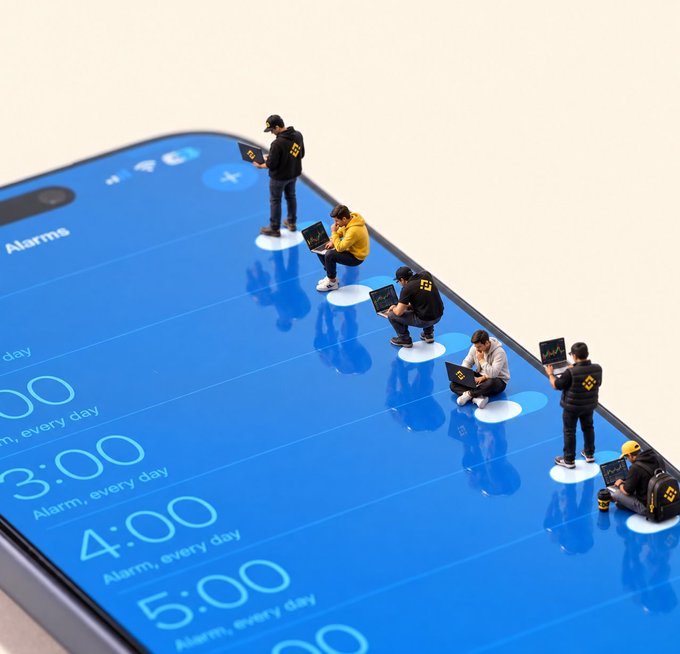 A close-up of smartphones displaying the "Alarms" app with daily alarms set for 3:00, 4:00, and 5:00 AM, overlaid with miniature figures of people working on laptops—evoking the relentless, early-morning grind of crypto traders still holding through another week.