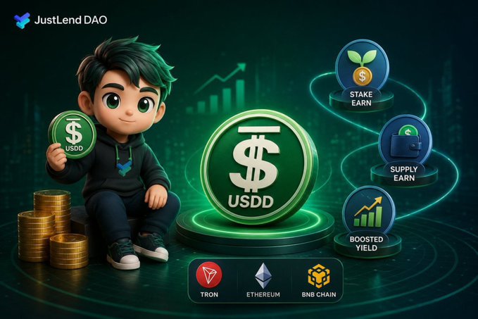 A promotional graphic for JustLend DAO featuring a cartoon character holding a USDD token, highlighting features like Stake Earn, Supply Earn, and Boosted Yield across TRON, Ethereum, and BNB Chain networks.
