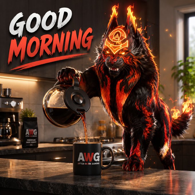 A digital illustration features a fiery, demonic wolf-like creature with a glowing triangle symbol on its forehead, pouring coffee from a glass carafe into a black mug labeled 'AWG AFTER WORK GAMING' on a kitchen counter. The text 'GOOD MORNING' appears in bold white and red brushstrokes in the upper left corner.