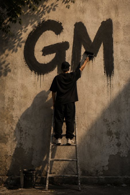 A person stands on a ladder painting large black graffiti letters 'GM' on a concrete wall, with a paint bucket on the ground below.