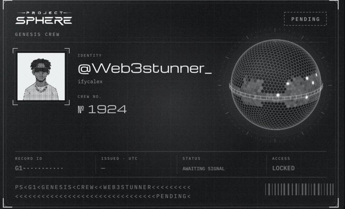 Image 1 shows a futuristic black digital identity card for "PROJECT SPHERE" with a pixelated avatar, displaying the identity "@Web3stunner_" (ifycalex) and crew number "1924", alongside a metallic sphere graphic.