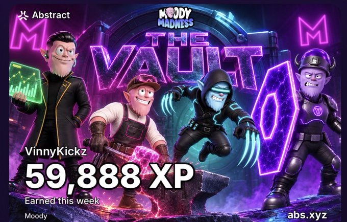 An Abstract platform weekly earnings card for user VinnyKickz showing 59,888 XP earned in the Moody 'The Vault' themed challenge, featuring four cartoon characters.