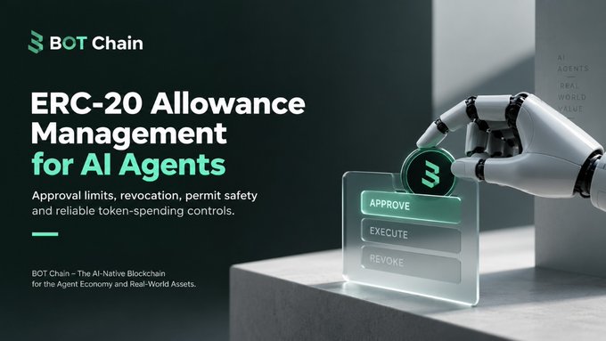 A promotional graphic for 'BOT Chain' featuring a robotic hand pressing an 'APPROVE' button on a screen, with text: 'ERC-20 Allowance Management for AI Agents' and 'Approval limits, revocation, permit safety and reliable token-spending controls.'