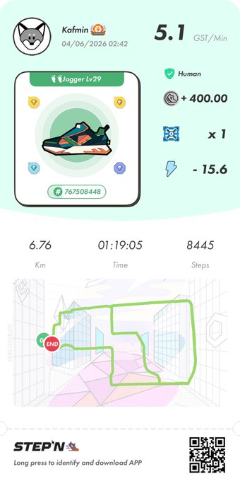 The image shows a screenshot of an app called "Stepn" that tracks steps taken during a run, as well as other information such as distance, calories burned, and time spent running. The app has been downloaded by a user named "Kai".