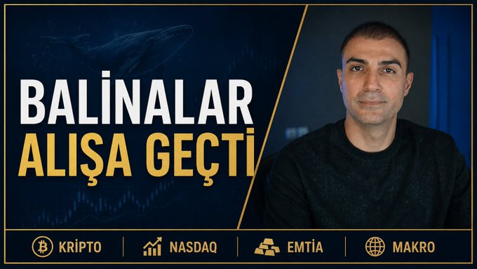 A Turkish-language video thumbnail reading 'BALİNALAR ALIŞA GEÇTİ' featuring a man in a dark shirt on the right and a whale graphic, with categories labeled 'KRİPTO', 'NASDAQ', 'EMTİA', and 'MAKRO'.