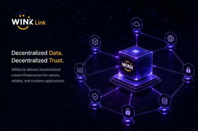 The image displays a promotional graphic for "WINk Link" featuring a glowing purple blockchain cube at the center, connected to hexagonal nodes with icons representing cloud storage, data, security, analytics, and locks. The accompanying text reads "Decentralized Data. Decentralized Trust." along with "WINkLink delivers decentralized oracle infrastructure for secure, reliable, and trustless applications," which visually reinforces the post's message about distributing trust across decentralized networks rather than relying on a single central authority.
