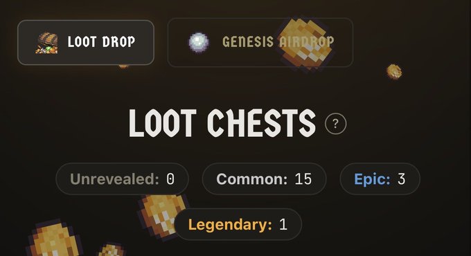 A digital "Loot Chests" dashboard displays 0 Unrevealed, 15 Common, 3 Epic, and 1 Legendary chests, along with a Loot Drop and Genesis Airdrop banner, illustrating a user's rare pulls from Fantasy Top that align with the post's boast of obtaining epic and legendary rewards.