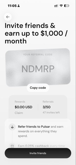 Mobile app referral screen titled "Invite friends & earn up to $1,000 / month" showing a referral code "NDMRP", rewards of $0.00 USD, and 3/50 referrals with an "Invite friends" button.