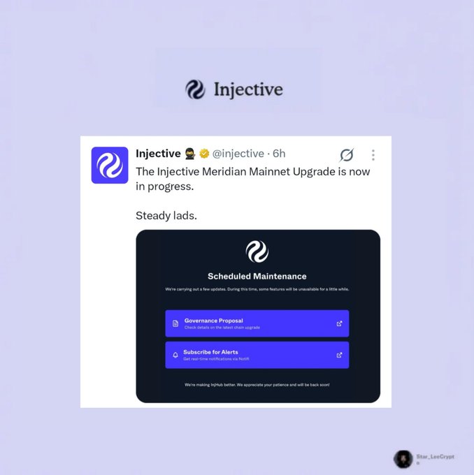 A tweet from @Injective announces: 'The Injective Meridian Mainnet Upgrade is now in progress. Steady lads.' with an attached 'Scheduled Maintenance' graphic.