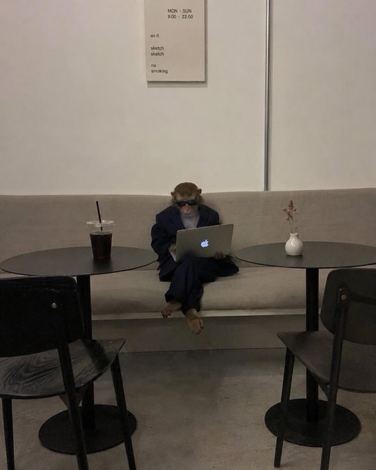 A monkey wearing a blue suit and sunglasses uses a MacBook laptop while sitting on a couch at a cafe with 'MON-SUN 9:00-22:00' hours posted on the wall.