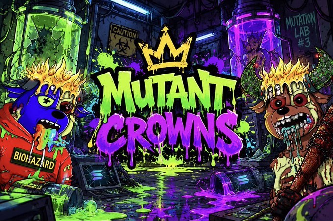 Vibrant graffiti-style logo for 'Mutant Crowns' featuring crowned mutant characters in a biohazard mutation lab setting with green and purple slime.