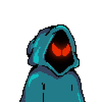 A pixel art character wearing a teal hoodie with a dark face featuring glowing red eyes.