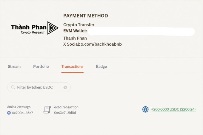 A screenshot showing a "PAYMENT METHOD" for "Thành Phan Crypto Research" via Crypto Transfer/EVM Wallet, with a recent transaction of "+200.0000 USDC ($200.24)" listed below.