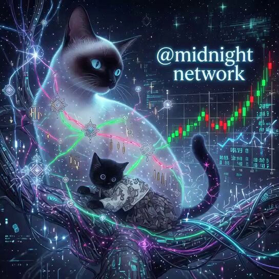 The image features a cat sitting on top of another cat, with both cats looking at something above them. The background includes a computer screen displaying stock market data, which adds an interesting visual element to the scene. The text "Midnight Network" is also present in the image.