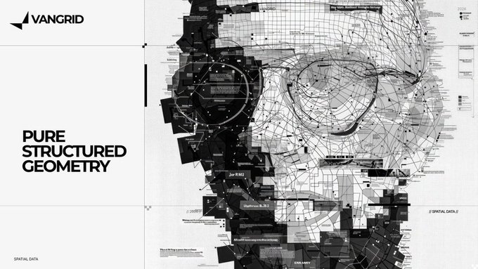 A black and white digital art composition labeled "VANGRID" and "PURE STRUCTURED GEOMETRY" featuring a fragmented face made of various UI elements and charts.