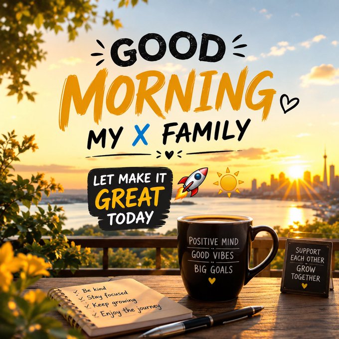 A motivational 'GOOD MORNING MY X FAMILY' graphic with a sunset cityscape, a coffee mug reading 'POSITIVE MIND GOOD VIBES BIG GOALS,' and a small chalkboard that says 'SUPPORT EACH OTHER GROW TOGETHER.'