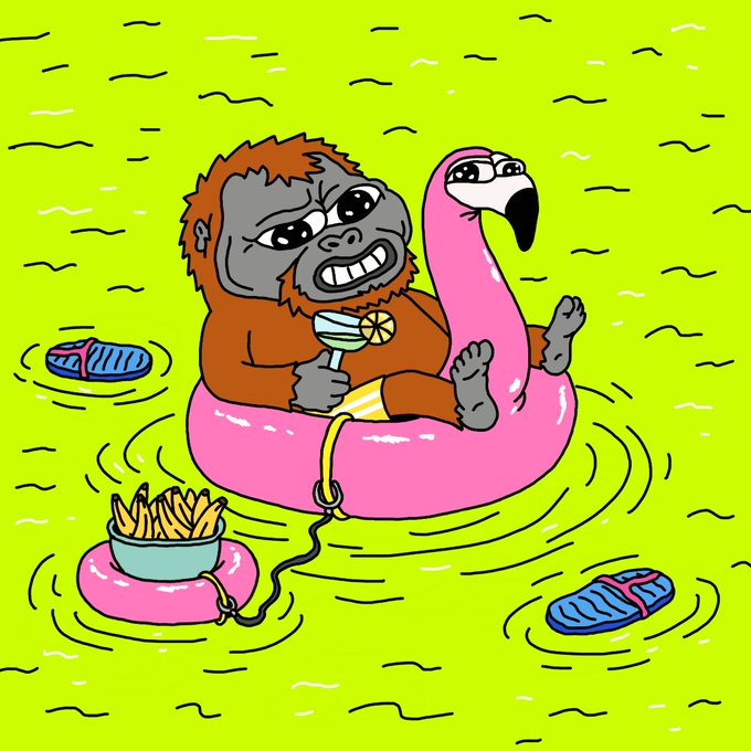 A cartoon orangutan wearing gold chains relaxes on a pink flamingo pool float, sipping a drink while a smaller pink float holds a bowl of fries, with a pair of blue slippers floating nearby—evoking a fun, tropical vibe that matches the NFT project's "jungle" mint announcement on OpenSea.