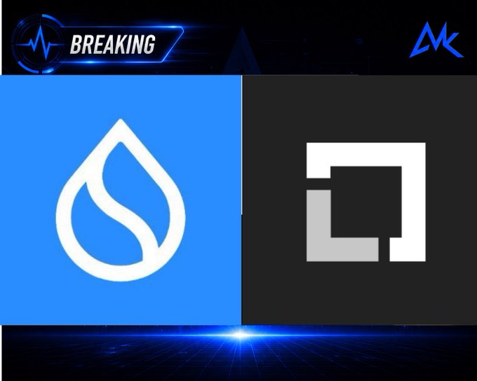 A 'BREAKING' news style graphic displaying the Sui (blue water drop) and a black square logo, possibly related to a cryptocurrency announcement, branded with 'MK'.