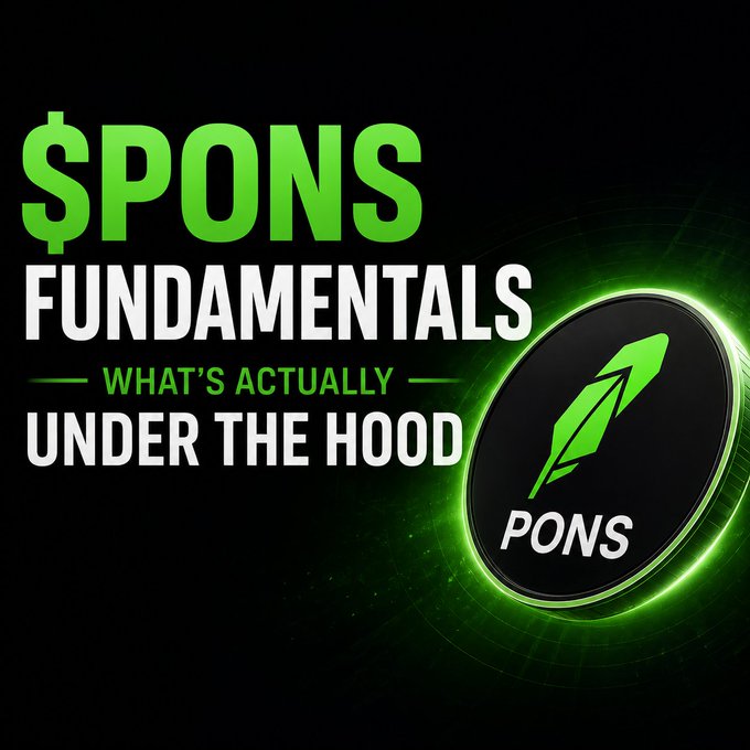 The image is a graphic featuring the text "$PONS FUNDAMENTALS — WHAT'S ACTUALLY UNDER THE HOOD" in bold green and white lettering on a black background, alongside a glowing circular $PONS coin logo with a quill emblem. It serves as a header for a post explaining that $PONS is the native launchpad token for Robinhood Chain, a non-custodial platform where users retain control of their funds through their own wallets, with each launch having a fixed supply of 1 billion tokens.