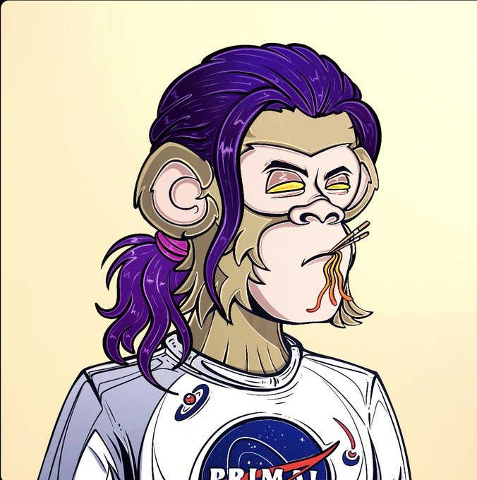 A cartoon illustration of a monkey astronaut wearing a space suit with 'PRIMAX' branding, eating noodles with chopsticks and having noodles hanging from its mouth.