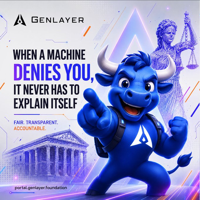 A promotional image for 'GENLAYER' featuring a blue cartoon bull mascot pointing forward, with the text 'WHEN A MACHINE DENIES YOU, IT NEVER HAS TO EXPLAIN ITSELF' and 'FAIR. TRANSPARENT. ACCOUNTABLE.'