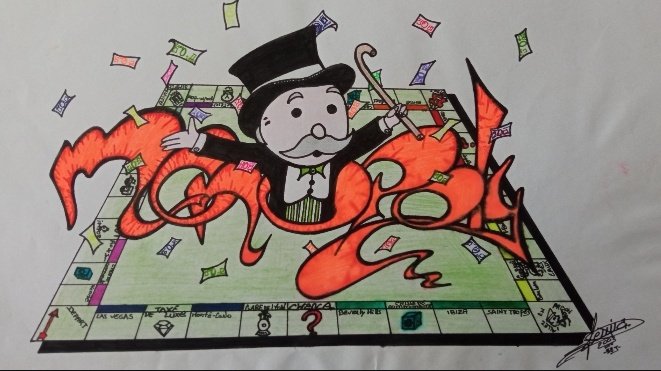 A hand-drawn illustration depicting the Monopoly mascot (Mr. Monopoly) in a top hat holding a cane, surrounded by orange flames on a Monopoly board, with visible property spaces including 'LAS VEGAS', 'THE TAHITI CASINO', 'LOS ANGELES', 'RIO DE JANEIRO', 'MCMURDO SOUND', 'LAKE TITICACA', and 'LADY TRUMP'.
