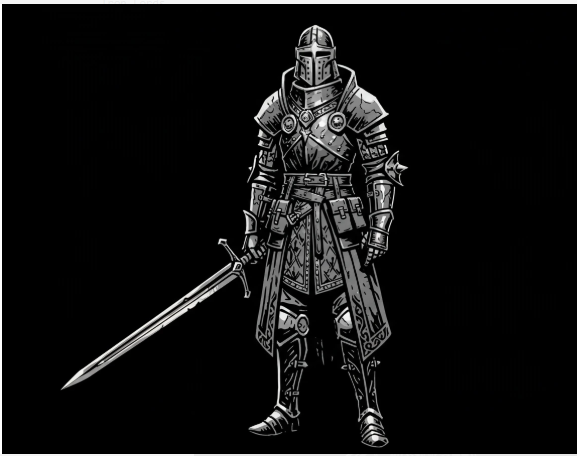 A black-and-white illustration of an armored knight in a helmet and chainmail holding a longsword against a dark background.