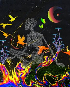 A psychedelic digital artwork featuring a skeletal figure meditating amid vibrant multicolored flames, surreal foliage, glowing birds, and a crescent moon with a star against a starry night sky. The vivid, soul-stirring imagery visually echoes the post's mention of "Soulful Chroma" and the NFT auctions for "Glass Soul" and "Inner Utopia."