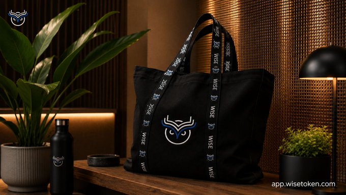 A product display featuring a black tote bag with 'WISE' branded straps and an owl logo, accompanied by a matching water bottle, set against a warm, illuminated background with the text 'app.wisetoken.com'.