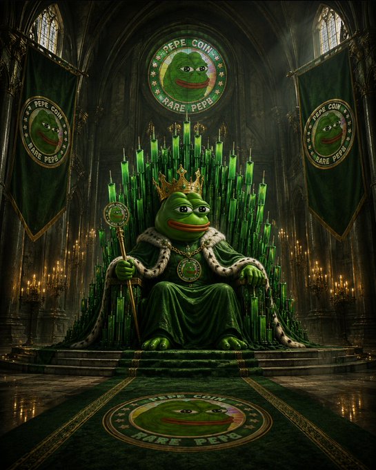 Pepe the Frog depicted as a king wearing a crown and green robes with ermine trim, sitting on a throne in a gothic cathedral decorated with 'PEPE COIN' and 'RARE PEPB' banners.