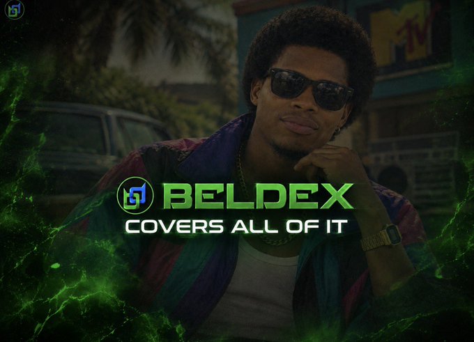 The image shows a man wearing sunglasses and a colorful striped jacket, resting his chin on his hand, with MTV branding visible in the background. Overlaid on the image is green and white text reading "BELDEX - COVERS ALL OF IT," which reinforces the post's message about BeldexCoin ($BDX) creating a unified privacy ecosystem across services like BChat, BelNet, and the Beldex Browser.
