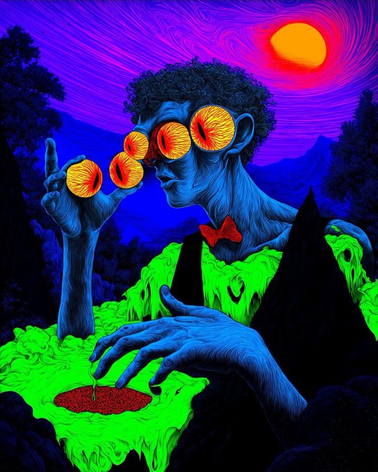 A vibrant psychedelic digital artwork featuring a blue-skinned figure with multiple glowing orange eyes, wearing a red bow tie, standing in neon green liquid under a purple sky with a bright sun.