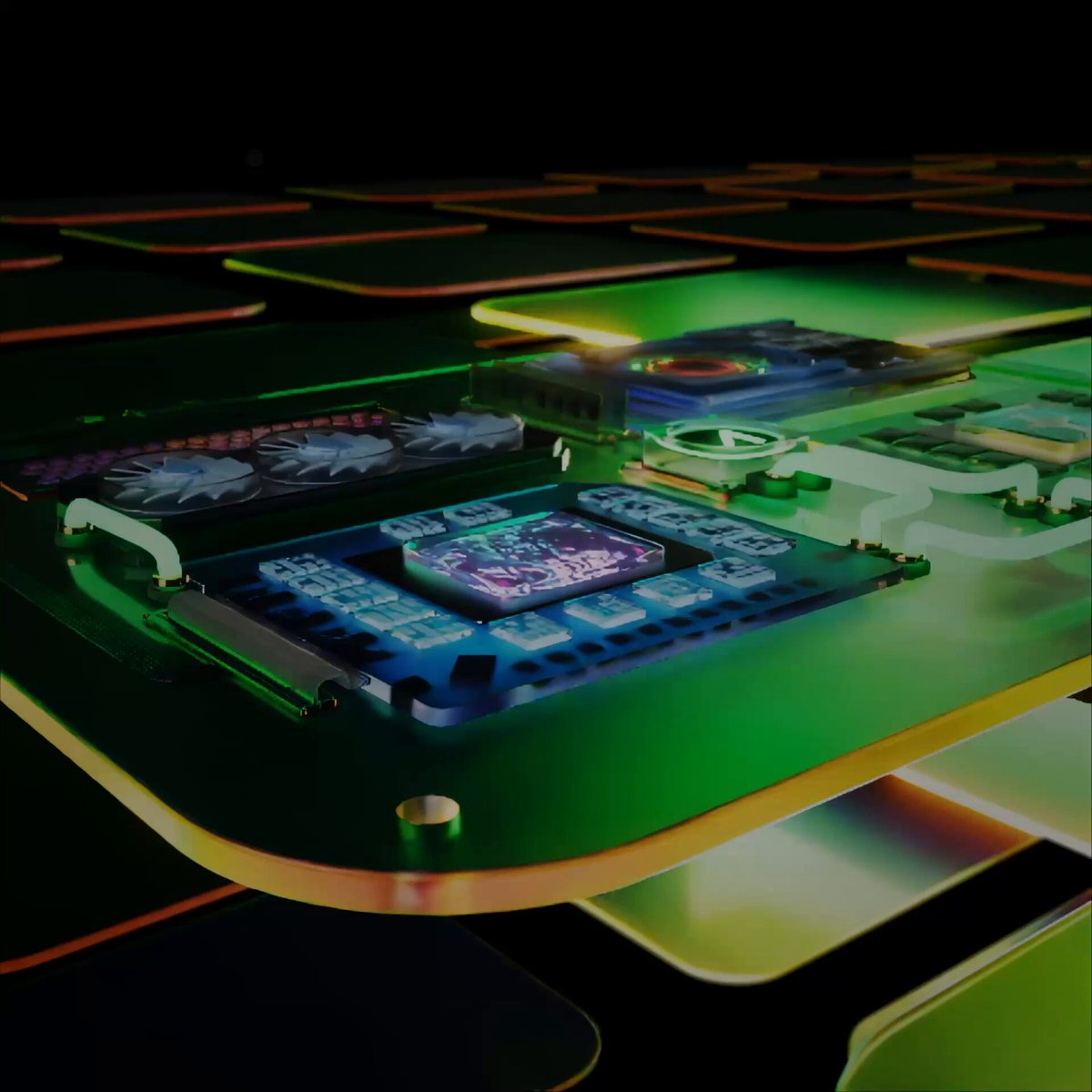The image shows a close-up view of an electronic device, possibly a computer or a television screen, with a green background that appears to be a 3D rendering. The device has a unique design featuring a square shape and a transparent glass surface. The device is surrounded by numerous small squares, which could represent the components of the electronic device.

The image also contains text that reads: "AIOZ Stream extends media delivery beyond playback. With DePIN-powered delivery, HLS segments can be cached across nearby devices, while WebRTC supports low-latency distribution through SFU fan-out". This information suggests that the device is designed to provide a streaming experience with high video quality and efficient data transfer capabilities. The transparent glass surface allows for an immersive viewing experience by providing a clear view of the internal components or the content being displayed on the screen, while the square shape may indicate a compact design for easy portability and space-saving purposes.