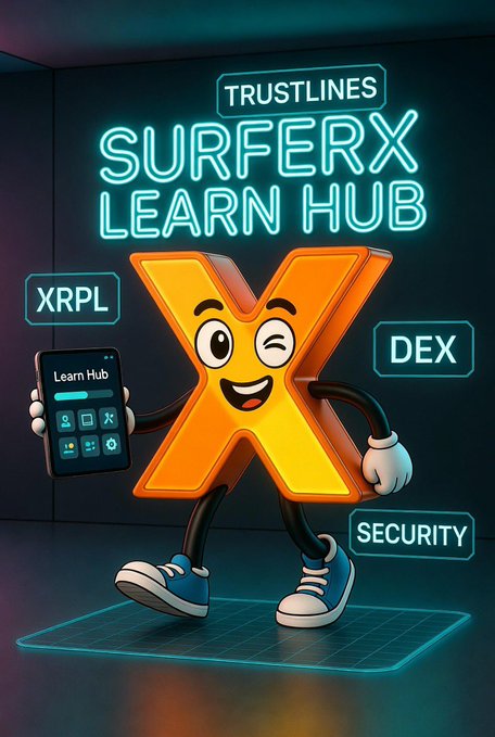 A colorful promotional graphic for 'SURFERX LEARN HUB' featuring a cartoon orange 'X' character holding a tablet, with floating tags highlighting 'TRUSTLINES', 'XRPL', 'DEX', and 'SECURITY' on a neon-styled background.