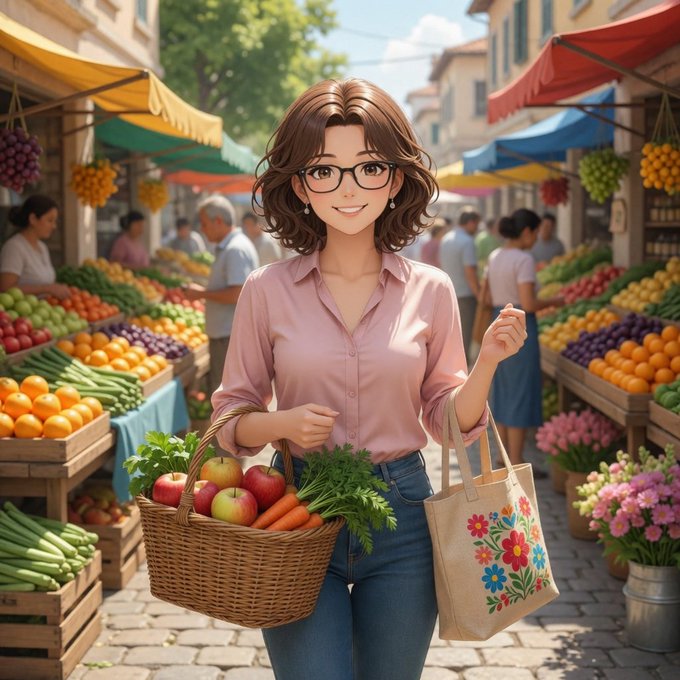 An anime-style illustration of a smiling young woman with brown hair and glasses, wearing a pink shirt and jeans, holding a basket of apples and carrots and a floral tote bag in a colorful outdoor market.