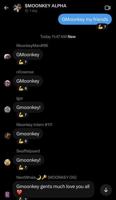 A Snapchat group chat titled "$MOONKEY ALPHA" displays multiple users—MoonkeyMan#96, nOxsense, Igor, Moonkey Intern #111, Swaffelfpaard, and NextWhale (MOONKEY OG)—all replying "GMoonkey" to a message, with NextWhale adding "Gmoonkey gents much love you all ❤️." The responses perfectly illustrate the "cult-like" unity and shared culture referenced in the post, showing dozens of community members unified by the same rallying greeting.