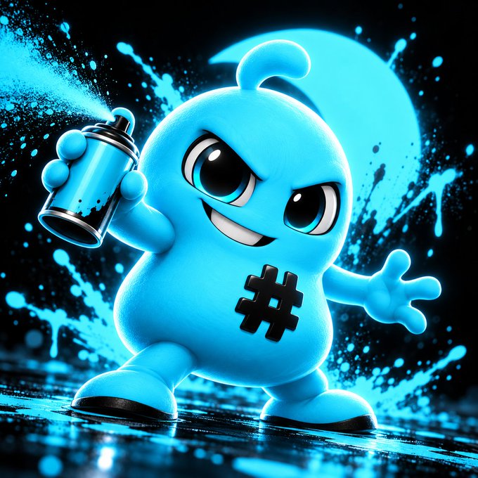 A 3D-rendered blue cartoon mascot character with a hashtag symbol on its chest holds a spray paint can against a splash-filled background.