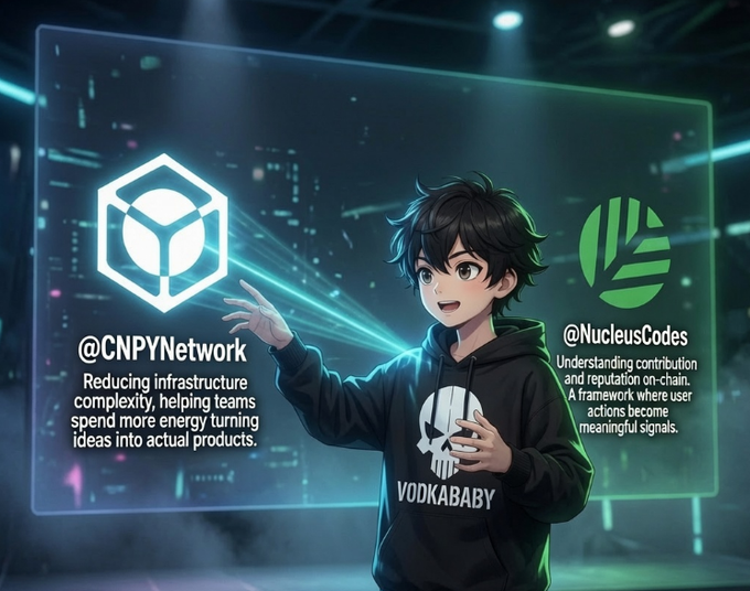 Anime-style illustration of a character wearing a 'VODKABABY' hoodie gesturing toward a digital screen displaying '@CNPYNetwork' (reducing infrastructure complexity) and '@NucleusCodes' (understanding contribution and reputation on-chain).
