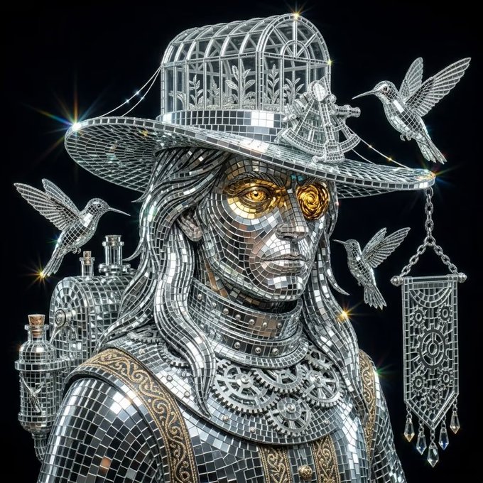 A detailed mosaic-style digital portrait of a figure wearing an ornate, cage-like hat, with golden eyes, decorative birds, and metallic jewelry against a dark background.