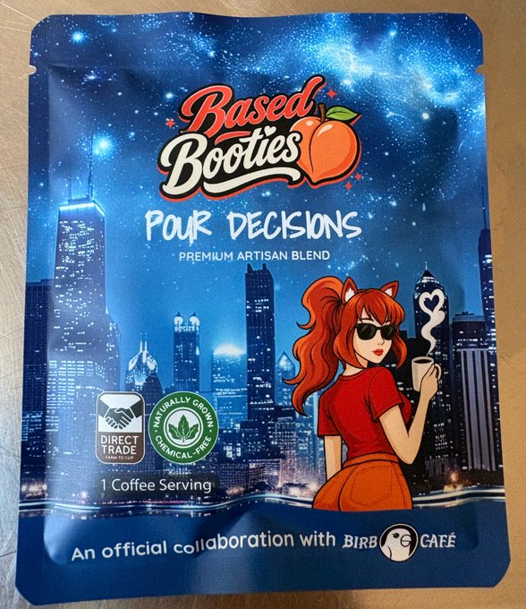 A coffee pouch product package for 'Based Booties Pour Decisions Premium Artisan Blend' featuring an anime-style girl with red hair, an orange logo, and noting an official collaboration with BIRB CAFÉ.